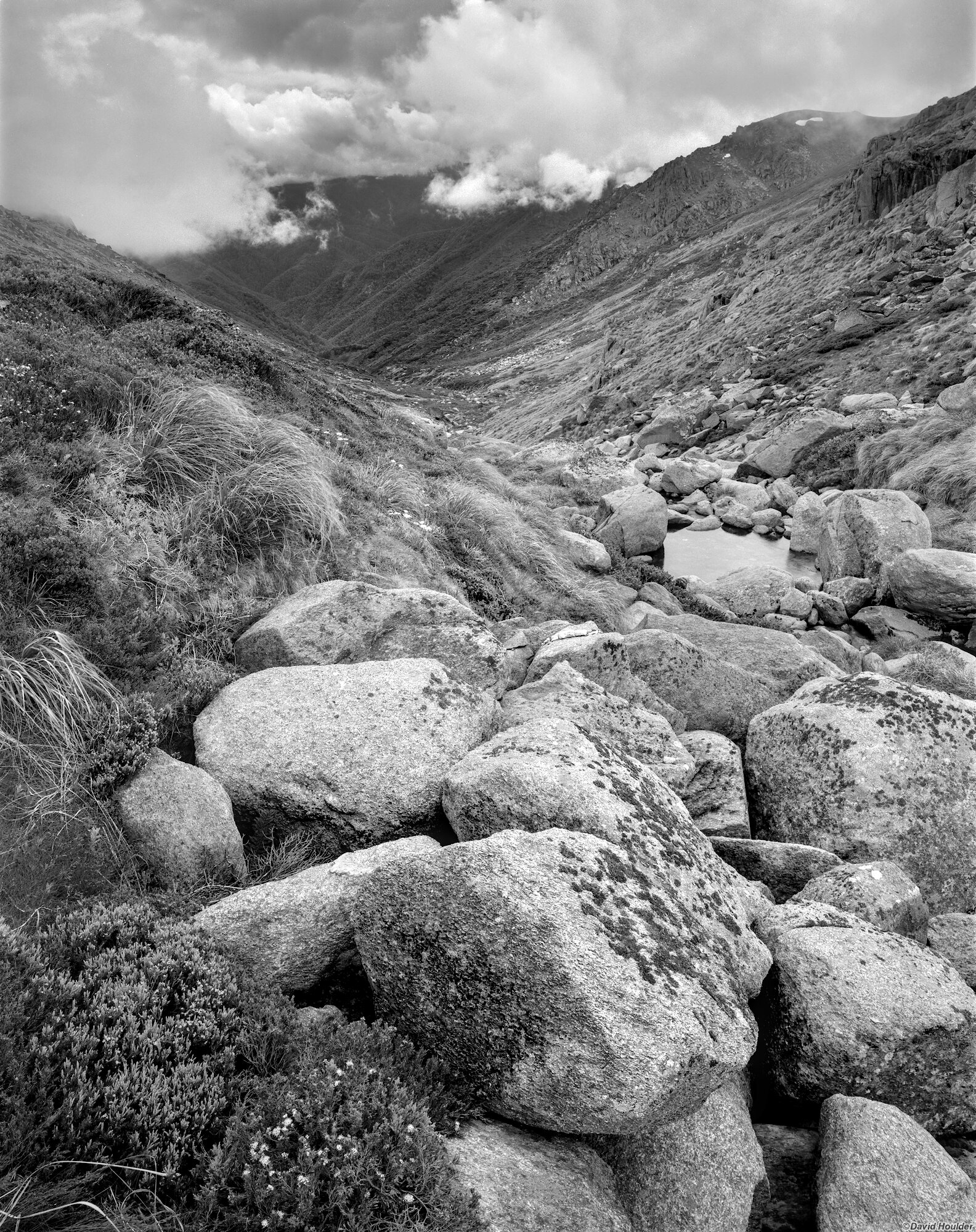 Low clouds hanging over a V-shaped valley, with a small pool, boulders, shrubs and grasses in the foreground.