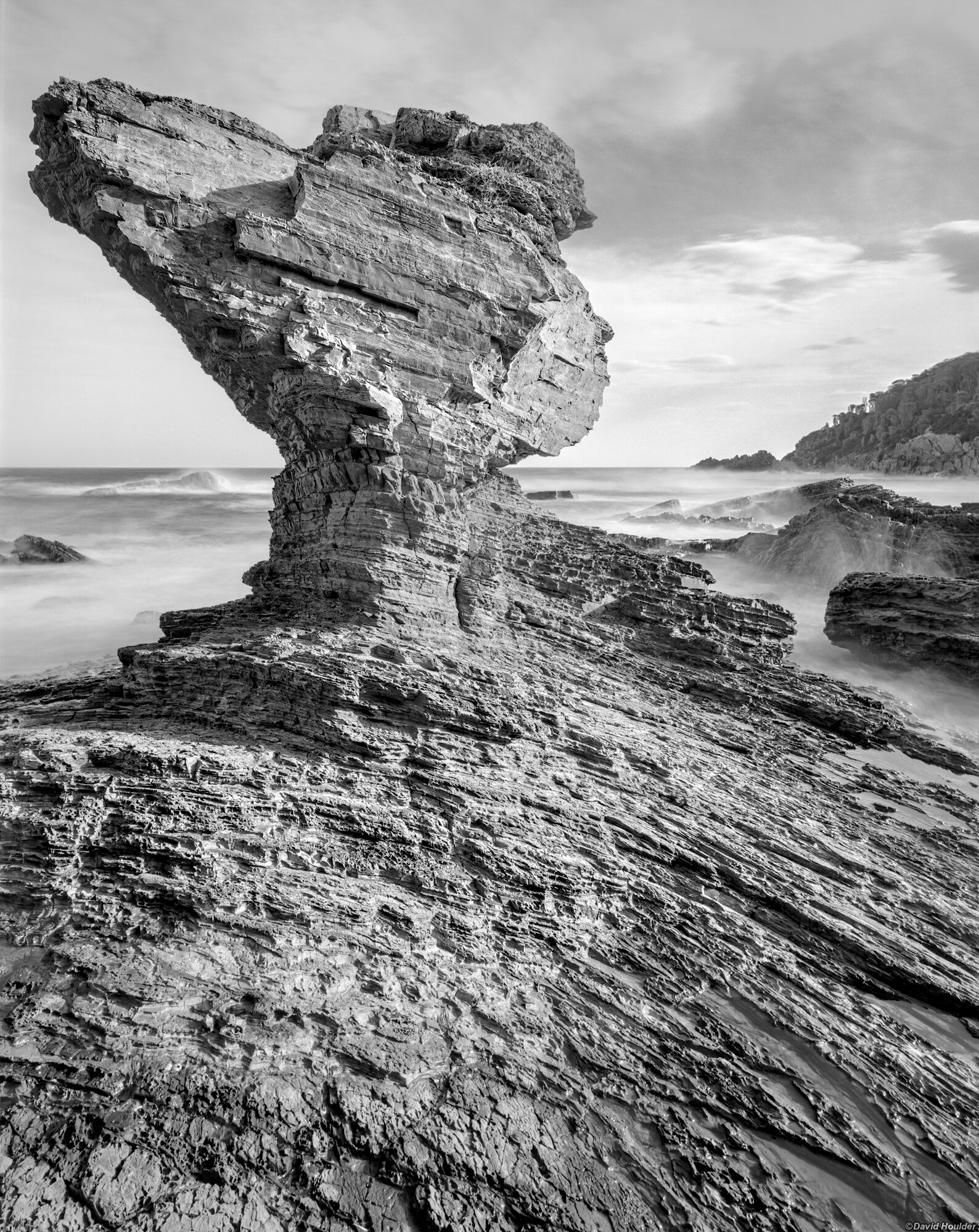 An angular rock formation protruding from a rock shelf with the ocean behind